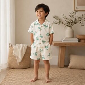 Grayson Mini 4T Terry Cloth Tennis Racket Print Shirt and Shorts Set Off White